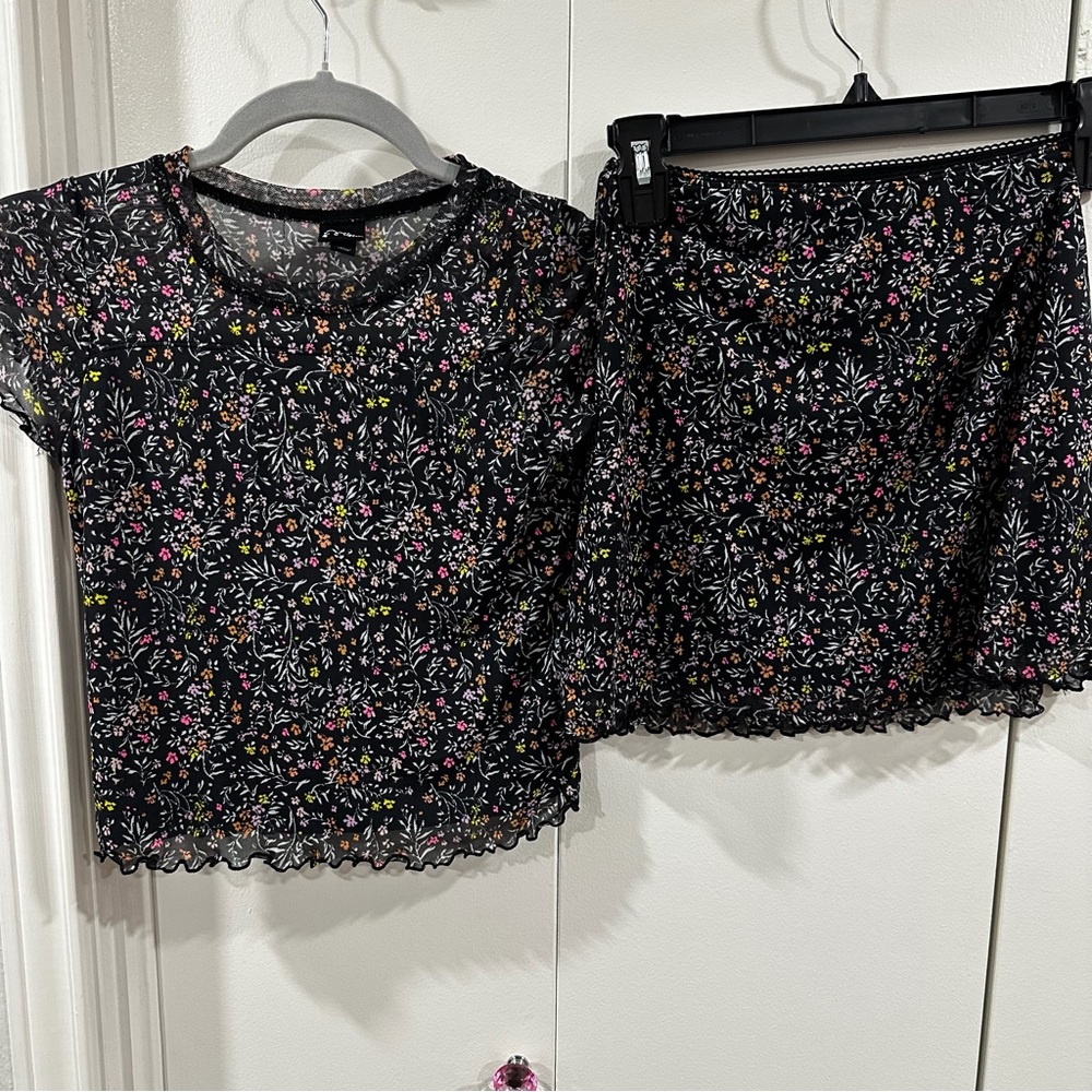 Sheer & Lined Colorful Floral Shirt and Skirt Set for Girls